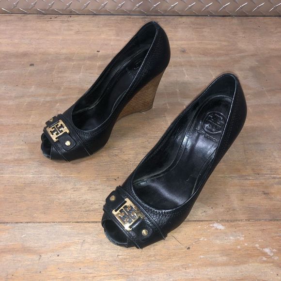 Tory Burch Carnell High Open Toe Wedge Black Heels Size 7, MSRP $295 - Picture 2 of 11